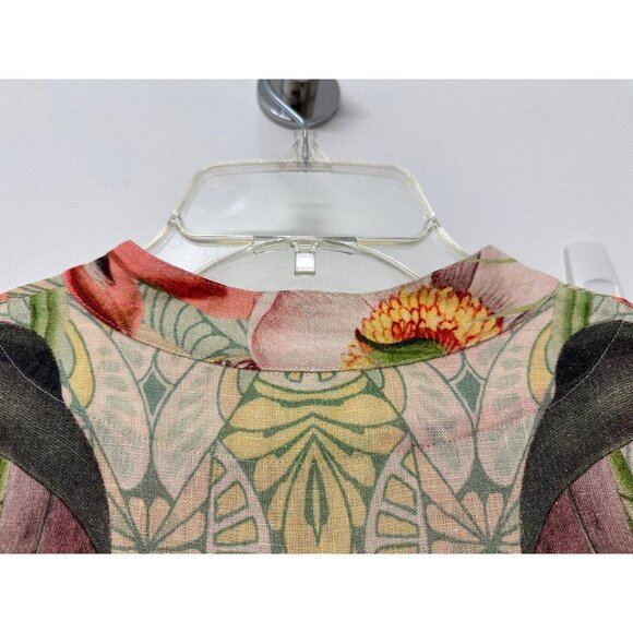 Carolina K Flamingo Bird Print Midi Shirt Dress Floral Tropical Red Linen L - Picture 9 of 13